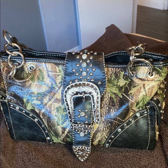 Montana West Studded Camo Green and Black Shoulder Bag with Decorative Buckle - Picture 1 of 14
